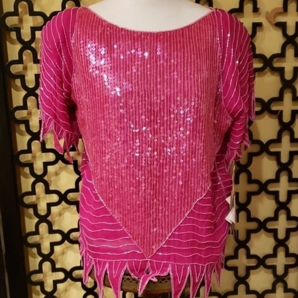 NWT DOMINIQUE 100% SILK VTG PINK SEQUIN‎ BEADED COCKTAIL  BLOUSE Size Large